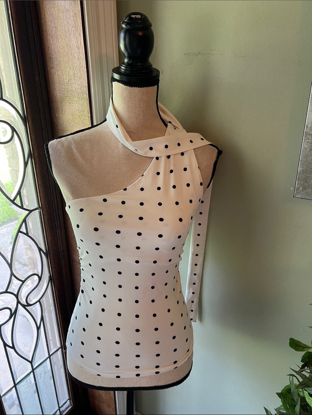 iris One-Shoulder White Dress with Black Polka Dots